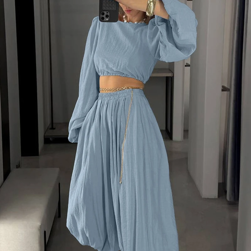 2026 Summer Casual 2pcs Suit Spring Lantern Long Sleeve Crop Top & Wide Leg Pants Outfit Women Solid Backless Lace-up Hollow Set
2026 Summer Casual 2pcs Suit Spring Lantern Long Sleeve Crop Top & Wide Leg Pants Outfit Women Solid Backless Lace-up Hollow Set
