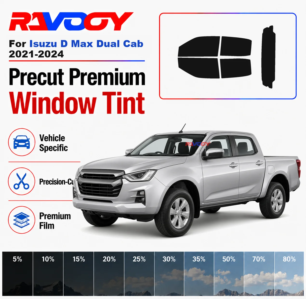Premium Precut Window Tint Kit Front Rear Windows Rear Windshield For Isuzu D Max Dual Cab 2021-2024 Car Solar Nano Ceramic Film
Premium Precut Window Tint Kit Front Rear Windows Rear Windshield For Isuzu D Max Dual Cab 2021-2024 Car Solar Nano Ceramic Film
