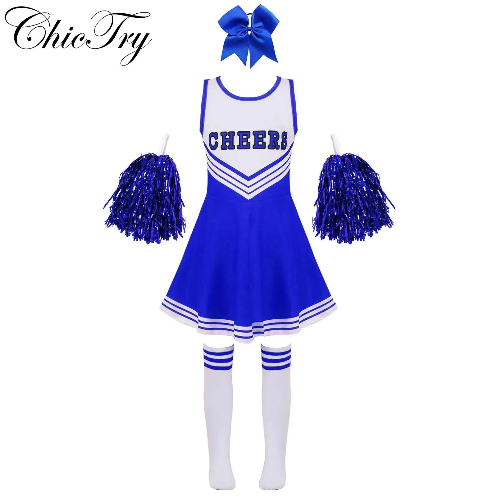 Kids Girls Cheerleading Dance Uniform Sleeveless Dress with Hand Flower Socks Headwear School Sports Stage Performance Outfit
Kids Girls Cheerleading Dance Uniform Sleeveless Dress with Hand Flower Socks Headwear School Sports Stage Performance Outfit