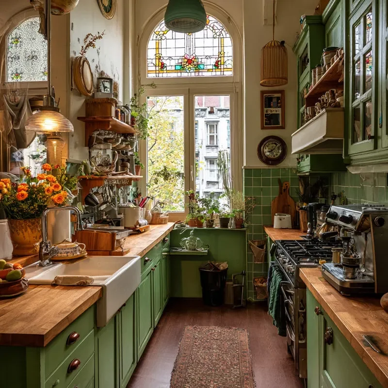 Whole house American pastoral style Japanese style log style green cabinet kitchen
Whole house American pastoral style Japanese style log style green cabinet kitchen