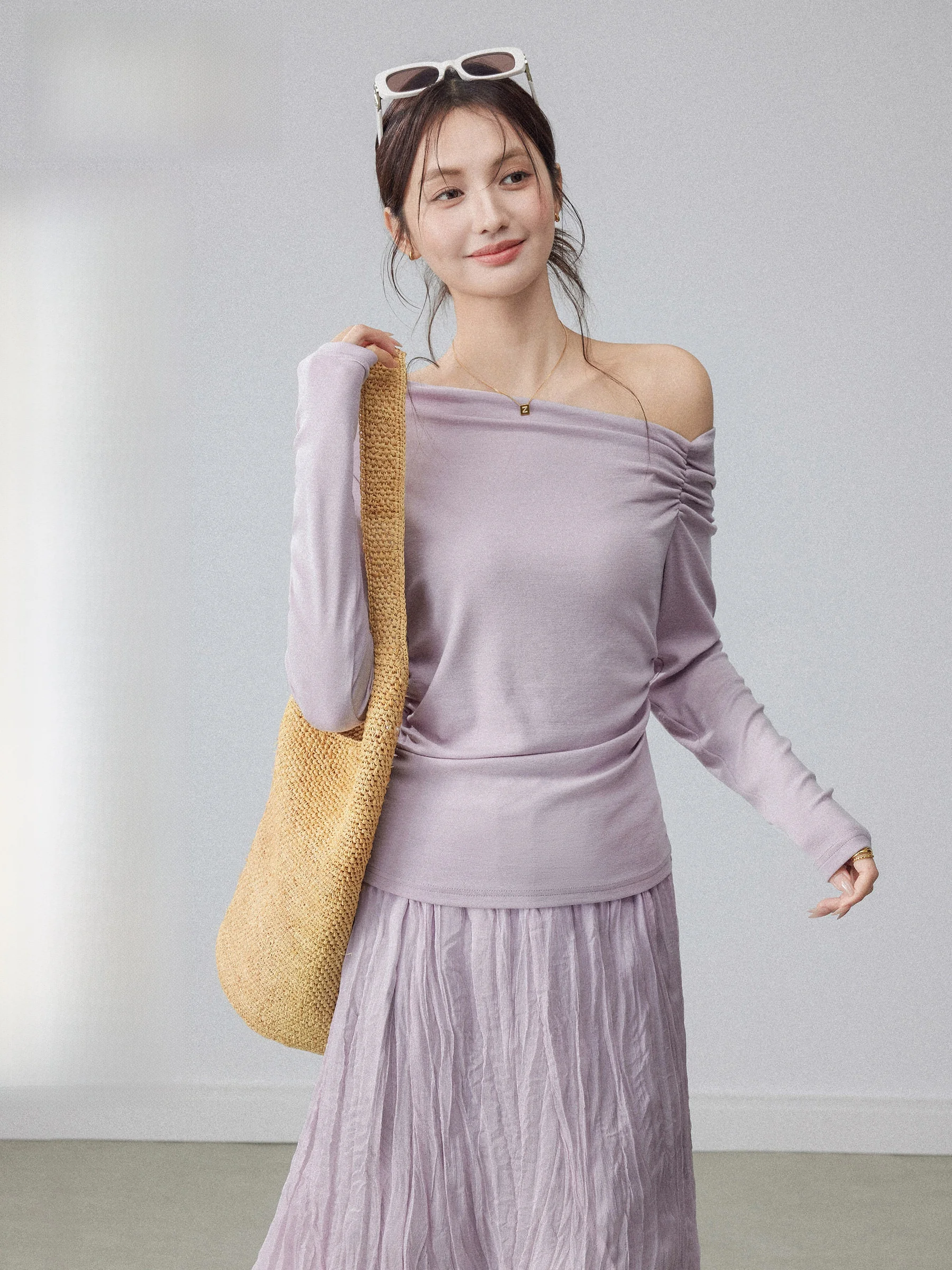 Purple Long Sve oulder Bared T-irt Women's Early Spring Design Slimming Waist Cinched Sli Casual Faion Top
Purple Long Sve oulder Bared T-irt Women's Early Spring Design Slimming Waist Cinched Sli Casual Faion Top