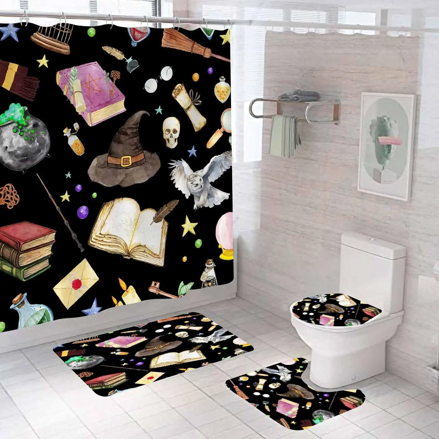 4 шт., наборы волшебных занавесок для душа на Хэллоуин с ковриками, водонепроницаемая тканевая черная занавеска для душа, забавный волшебный книжный волшебник
4 шт., наборы волшебных занавесок для душа на Хэллоуин с ковриками, водонепроницаемая тканевая черная занавеска для душа, забавный волшебный книжный волшебник