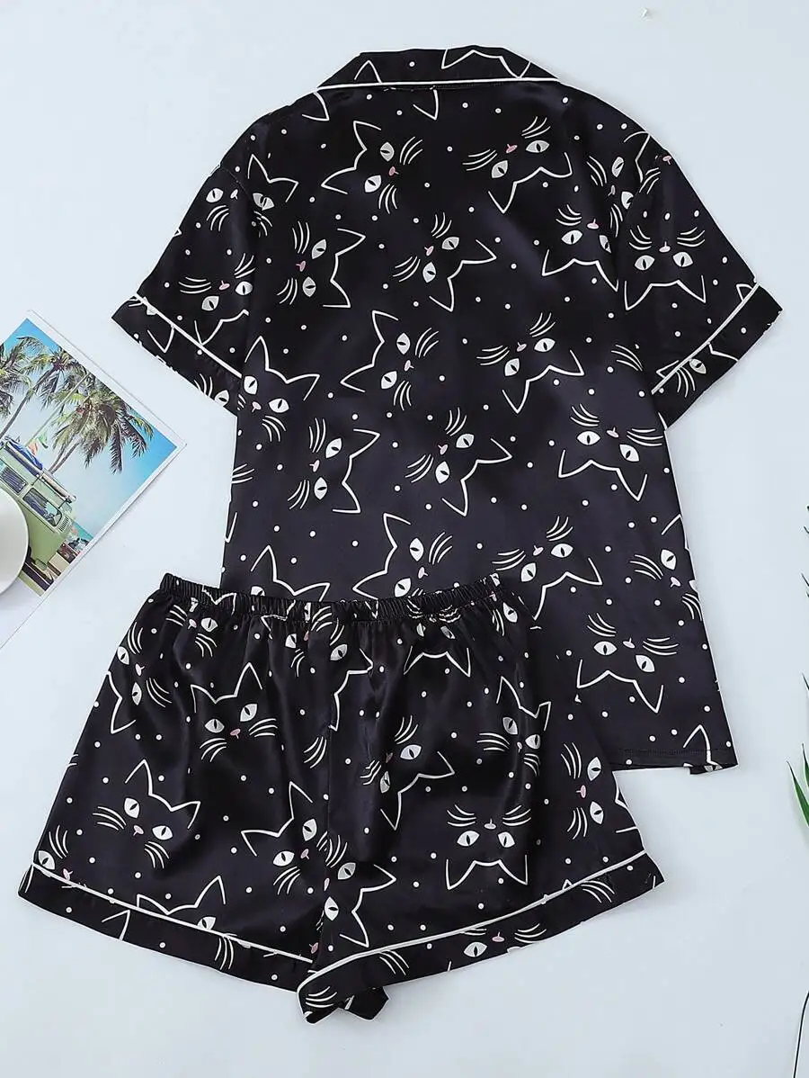 Women Black Cat Print Short Sleeve Pajama Set With Pocket Top And Shorts
Women Black Cat Print Short Sleeve Pajama Set With Pocket Top And Shorts