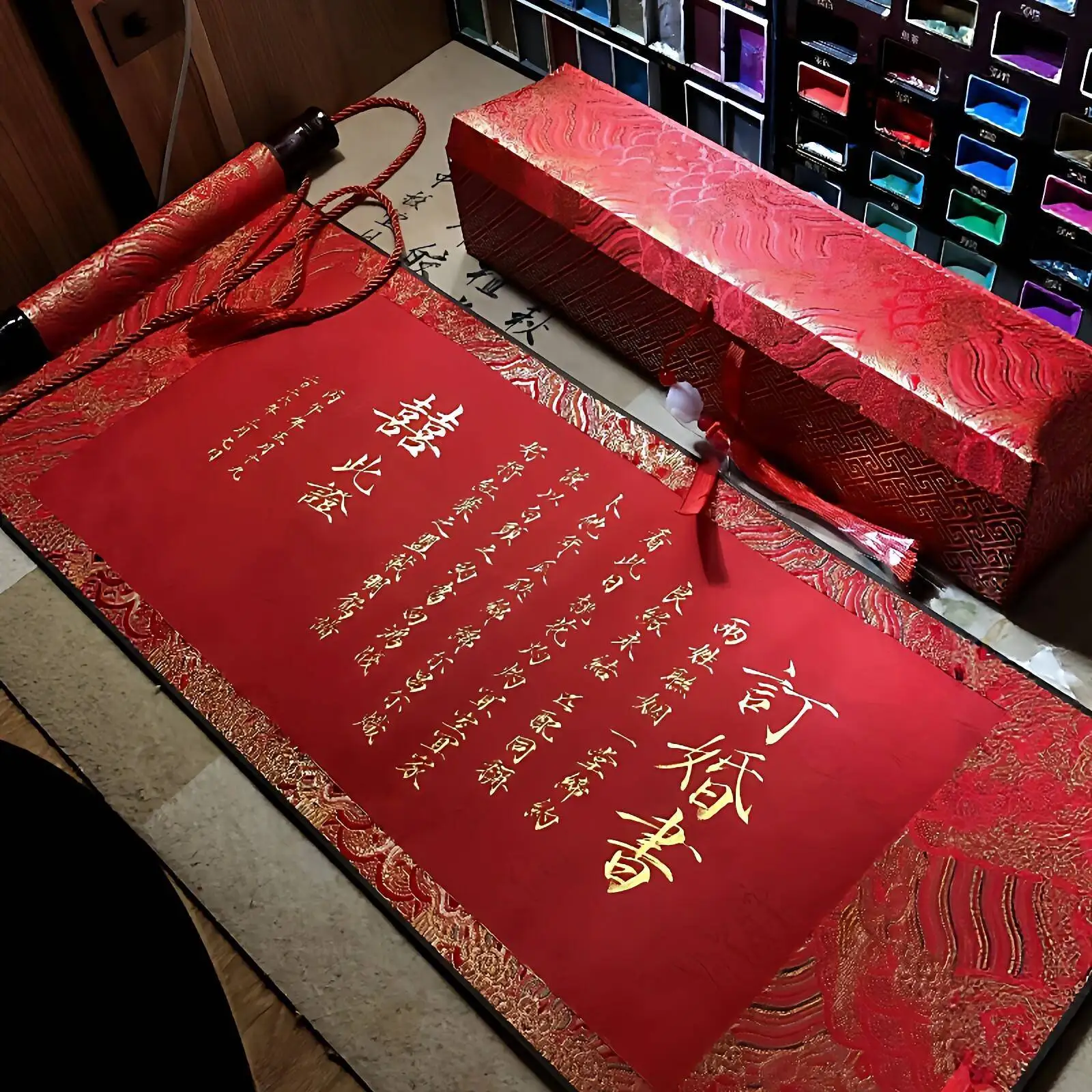 Traditional Red Bottom Gold Stamping Engagement Scroll Memorial Marriage Celebration Document Chinese Style Two Surnames Union
Traditional Red Bottom Gold Stamping Engagement Scroll Memorial Marriage Celebration Document Chinese Style Two Surnames Union