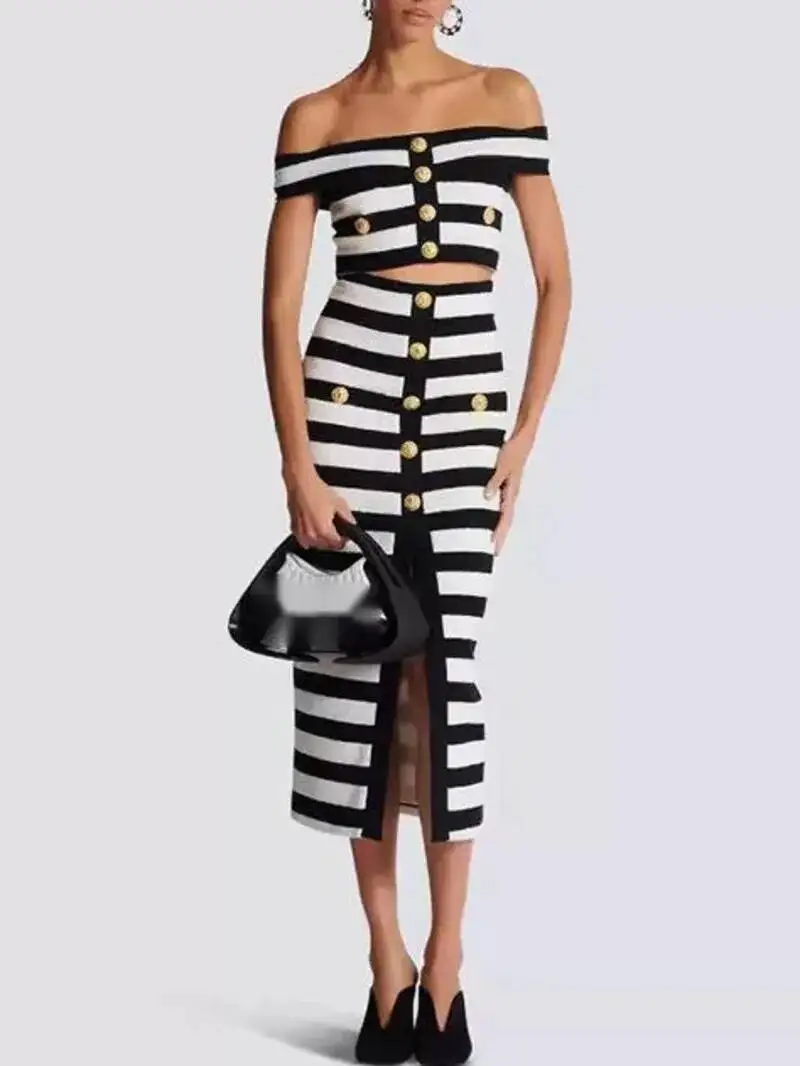 Women Sexy Off Shoulder Striped Button Two Piece Mini Bandage Set Celebrity Designer Evening Party Luxury Birthday Outfit 2B3B
Women Sexy Off Shoulder Striped Button Two Piece Mini Bandage Set Celebrity Designer Evening Party Luxury Birthday Outfit 2B3B