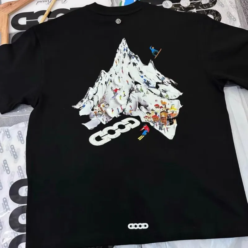 Summer Black GOODBRAND Tshirts Colorful Oil Painting Snow Mountain Skiing Cartoon Character Men Short Sleeve Women Street Outfit
Summer Black GOODBRAND Tshirts Colorful Oil Painting Snow Mountain Skiing Cartoon Character Men Short Sleeve Women Street Outfit