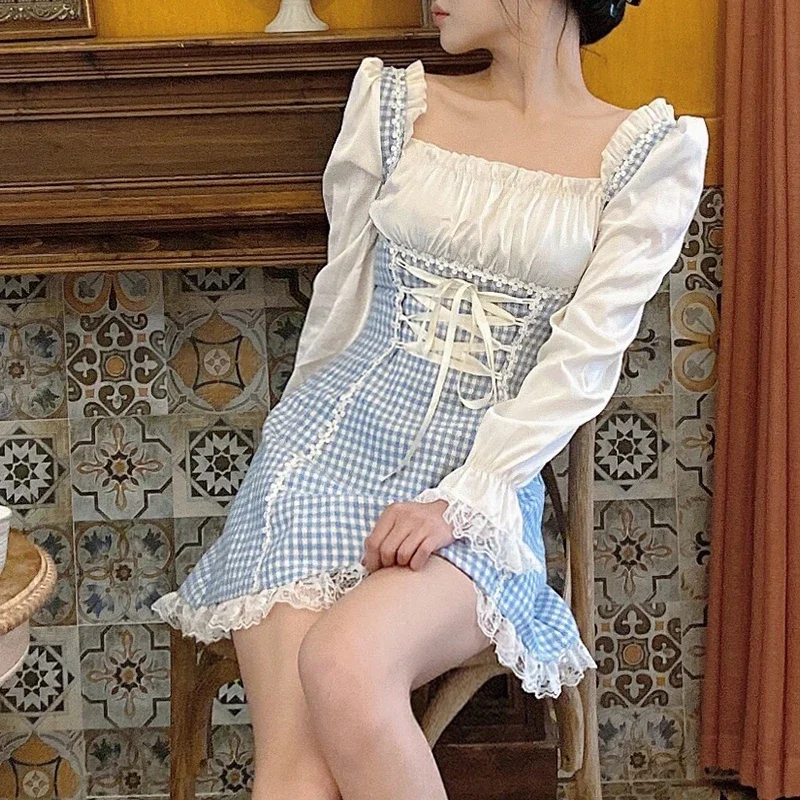 2023 New Girl Sweet Japanese Lolita Dress Women Square Collar Bandage Blue Plaid Gothic Mini Dress Kawaii Lace Ruffles Dresses
2023 New Girl Sweet Japanese Lolita Dress Women Square Collar Bandage Blue Plaid Gothic Mini Dress Kawaii Lace Ruffles Dresses