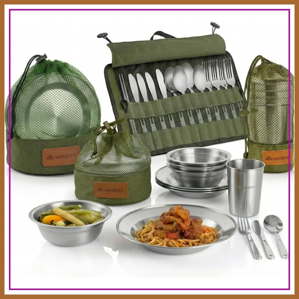 Complete Messware Kit for 4, Polished Stainless Steel Dishes Set with Cups, Plates, Bowls, Cutlery, Mesh Bags for Camping Buffet
Complete Messware Kit for 4, Polished Stainless Steel Dishes Set with Cups, Plates, Bowls, Cutlery, Mesh Bags for Camping Buffet