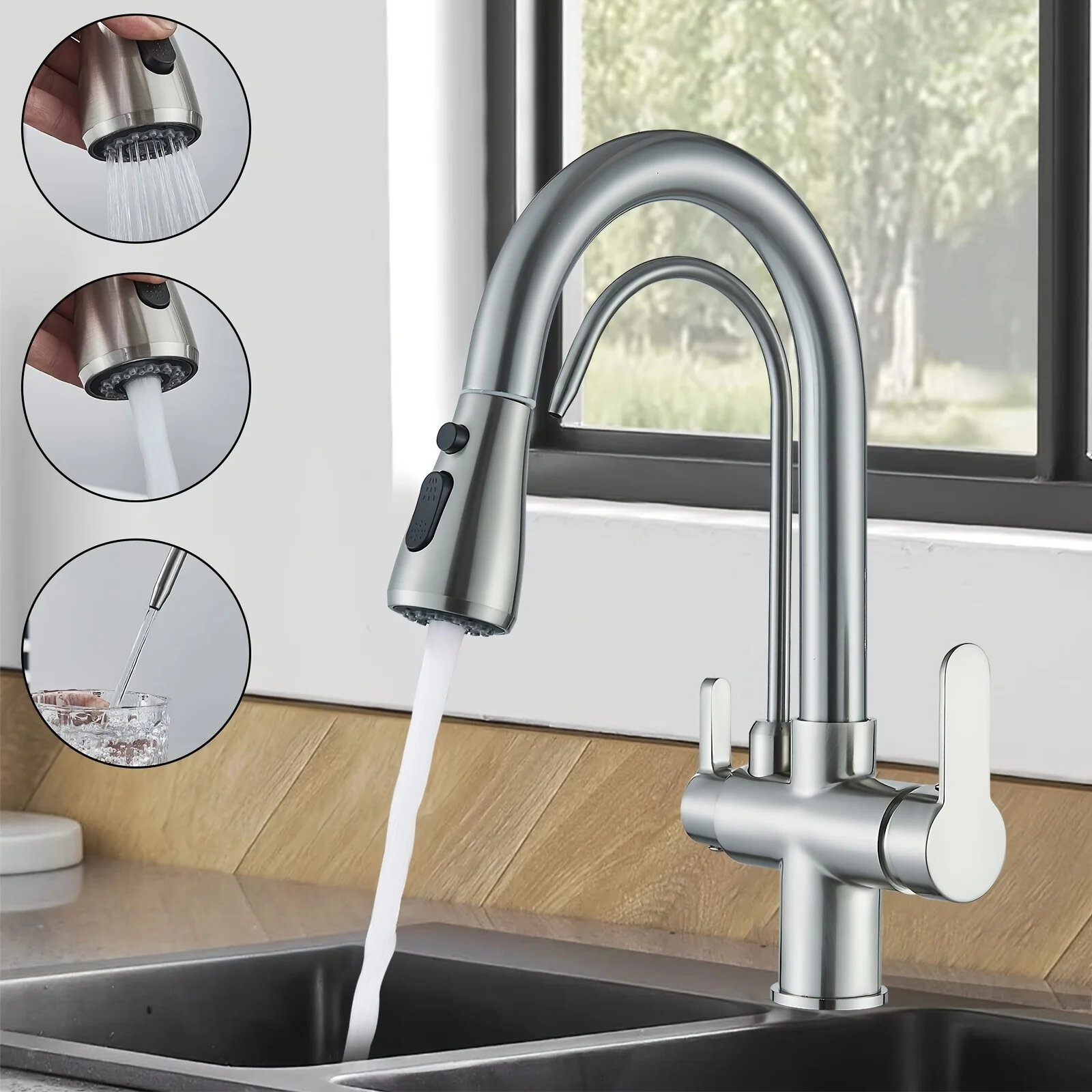 3-Way Kitchen Faucet with Pull-Out Shower, 3-in-1 Mixer Tap Brushed Nickel & Matte Black, Water-Saving Valve Versatile Water Tap
3-Way Kitchen Faucet with Pull-Out Shower, 3-in-1 Mixer Tap Brushed Nickel & Matte Black, Water-Saving Valve Versatile Water Tap