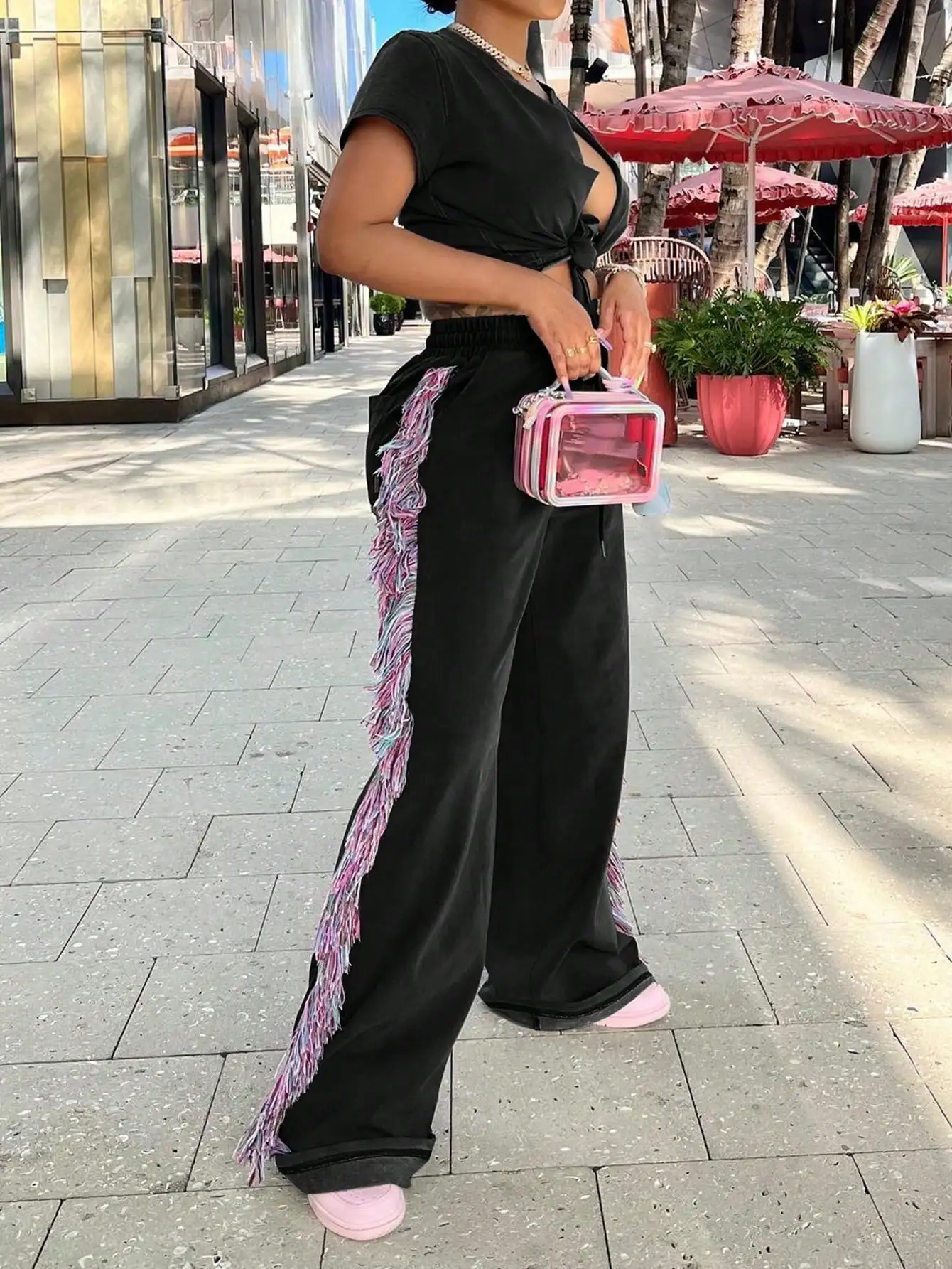 Women's Sports Trousers Black Wide-leg Drawstring Trousers Colorful Tassels Elastic Waist Casual Street Women's Jogging Trousers
Women's Sports Trousers Black Wide-leg Drawstring Trousers Colorful Tassels Elastic Waist Casual Street Women's Jogging Trousers