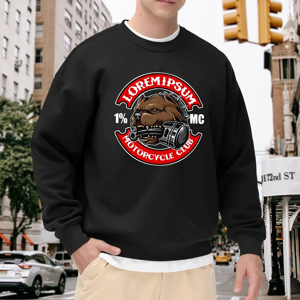 Men's Black Crew Neck Pullover Sweatshirt with Motorcycle Club Print, Loose Casual Top, Versatile Street Style for Everyday Wear, Soft and Comfortable
Men's Black Crew Neck Pullover Sweatshirt with Motorcycle Club Print, Loose Casual Top, Versatile Street Style for Everyday Wear, Soft and Comfortable