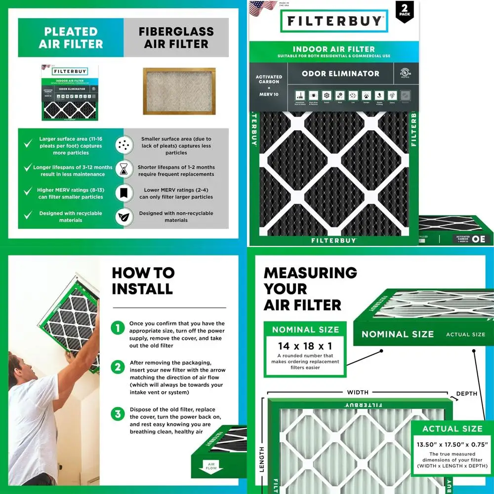 2-Pack MERV 10 Odor & Allergy Relief Air Filters with Activated Carbon, 13.5 x 17.5 x 0.75 Pleated HVAC AC Furnace Replacement F
2-Pack MERV 10 Odor & Allergy Relief Air Filters with Activated Carbon, 13.5 x 17.5 x 0.75 Pleated HVAC AC Furnace Replacement F