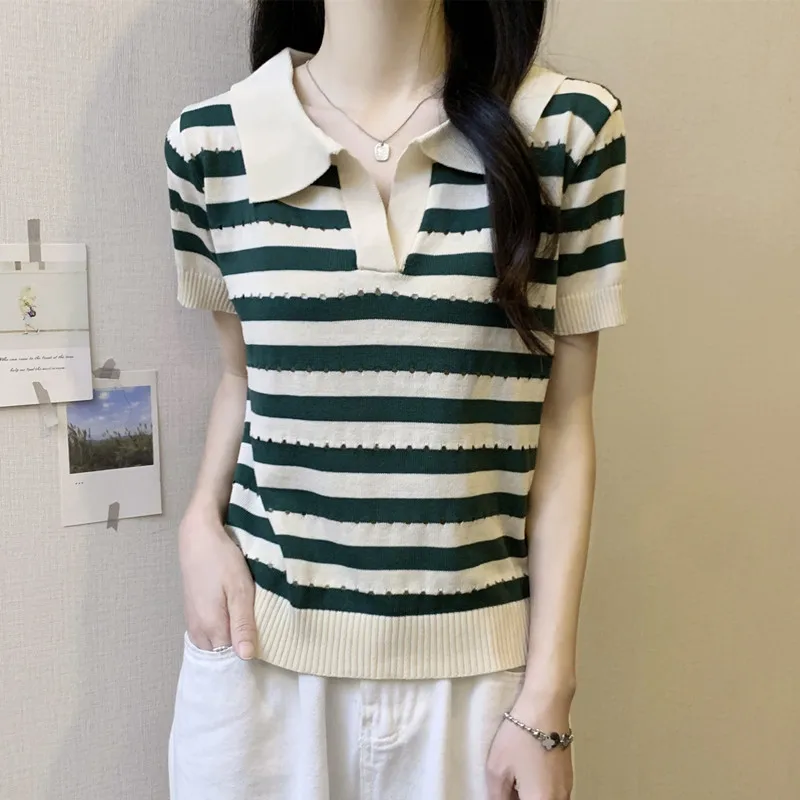 Summer Loose Fit Striped Ne Knitted T-irt Women's plus Size Ice Silk ort Sve Korean Sle Versatile Top
Summer Loose Fit Striped Ne Knitted T-irt Women's plus Size Ice Silk ort Sve Korean Sle Versatile Top