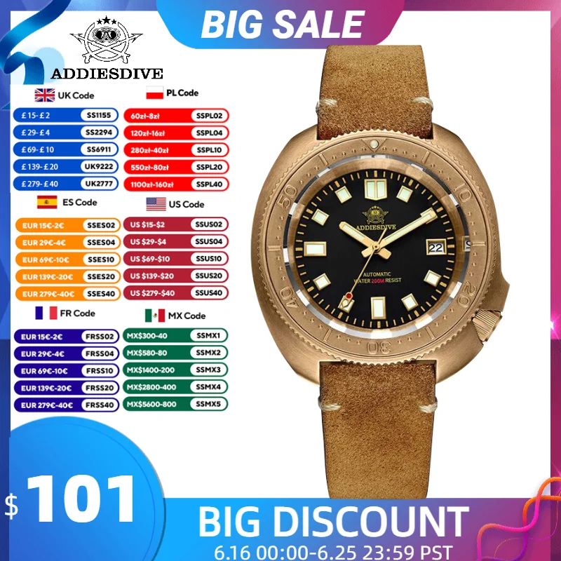 ADDIESDIVE Top brand CUSN8 Bronze Case Men Watch C3 Super Luminous Sapphire Crystal 20Bar waterproof Automatic Mechanical Watch
ADDIESDIVE Top brand CUSN8 Bronze Case Men Watch C3 Super Luminous Sapphire Crystal 20Bar waterproof Automatic Mechanical Watch