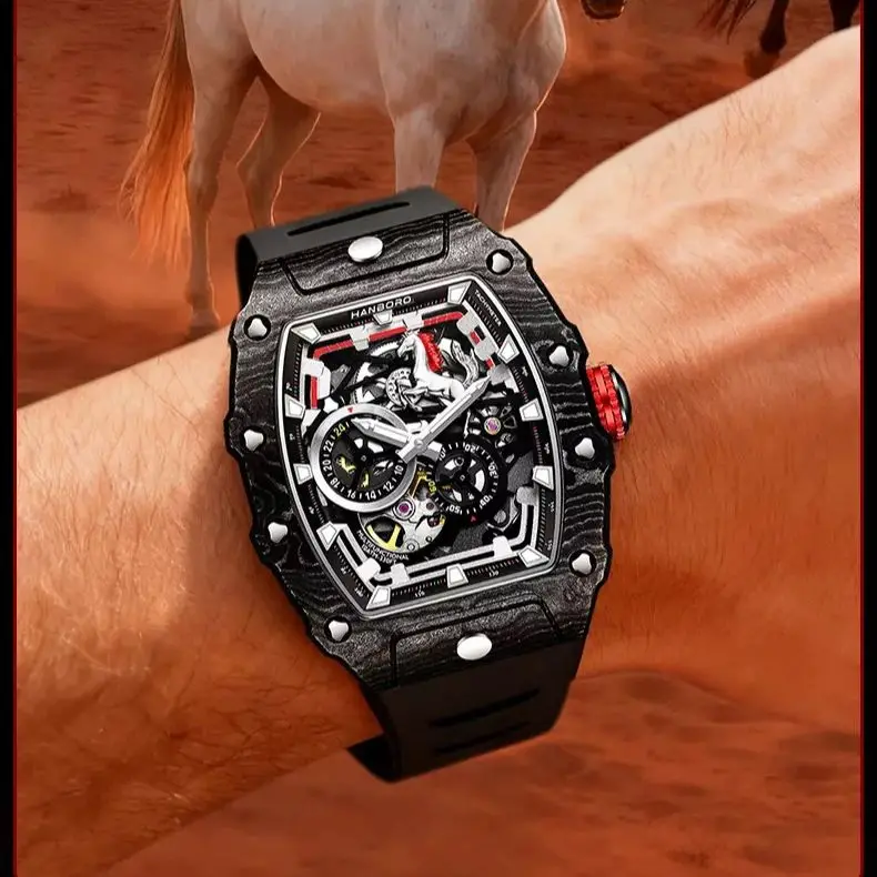 HANBORO Мужские автоматические часы 42 мм Tonneau Механические наручные часы из углеродного волокна 5ATM Светящийся скелетон Лошадиный циферблат Miyota 82S7
HANBORO Мужские автоматические часы 42 мм Tonneau Механические наручные часы из углеродного волокна 5ATM Светящийся скелетон Лошадиный циферблат Miyota 82S7