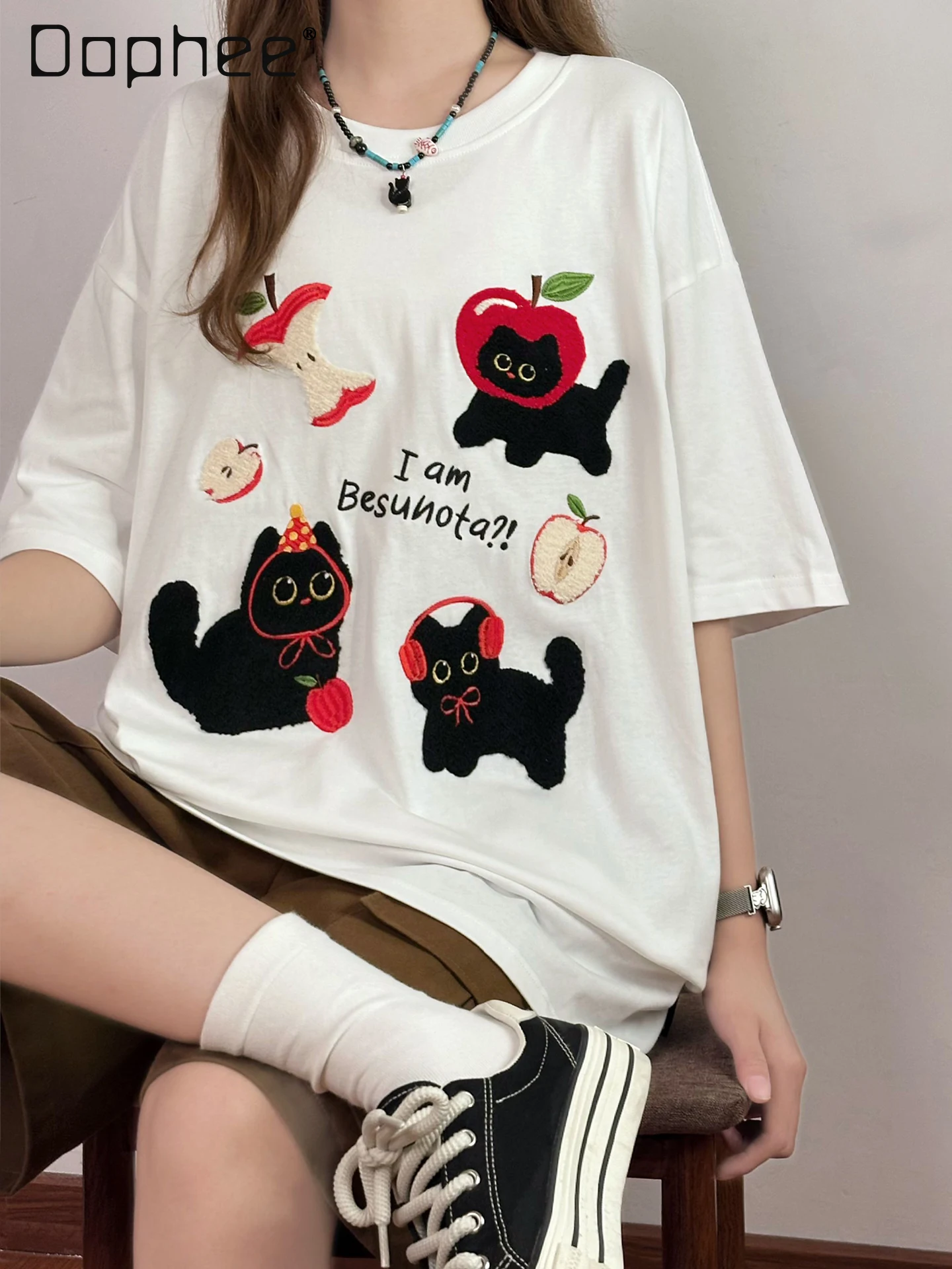 Japanese Puppy Embroidered Short-sleeved T-shirt Women's Pure Cotton Summer Loose College Style Top 2025 New Vintage Clothes
Japanese Puppy Embroidered Short-sleeved T-shirt Women's Pure Cotton Summer Loose College Style Top 2025 New Vintage Clothes