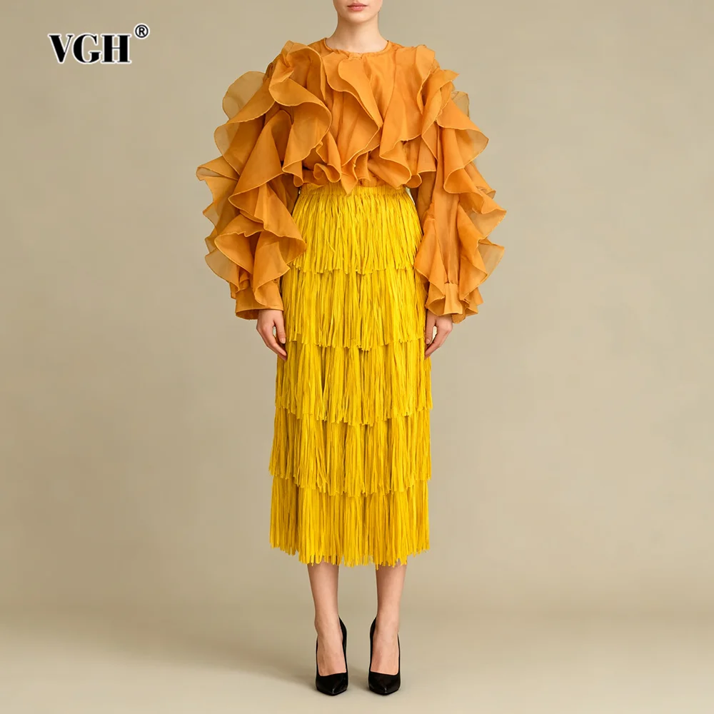 VGH Шикарный комплект из двух предметов для женщин с круглым вырезом и оборками, сетчатая блузка с высокой талией, лоскутная юбка с кисточками, роскошный женский костюм для выпускного вечера
VGH Шикарный комплект из двух предметов для женщин с круглым вырезом и оборками, сетчатая блузка с высокой талией, лоскутная юбка с кисточками, роскошный женский костюм для выпускного вечера