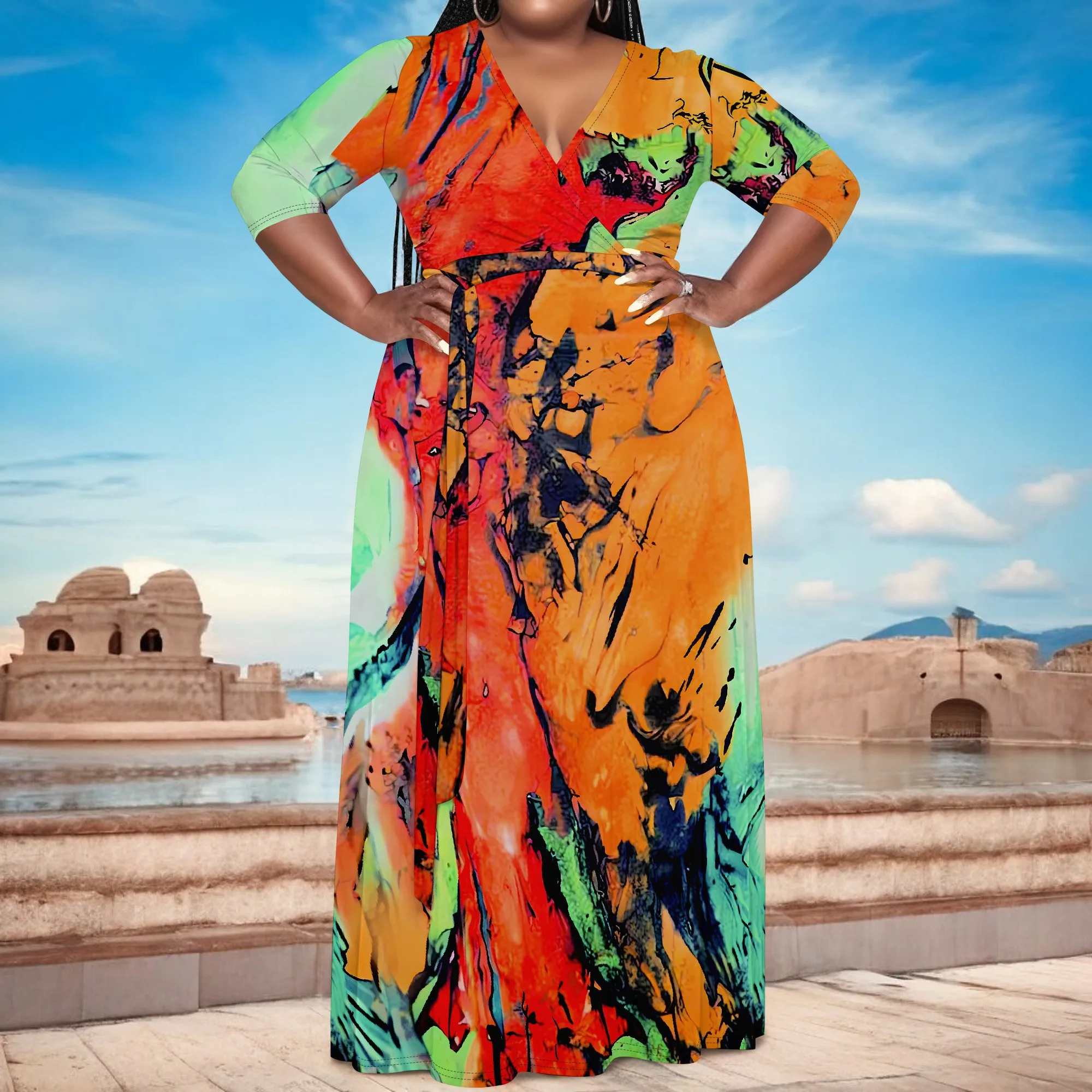Plus Size Abstract Splash Long Sleeve V-Neck Maxi Dress with Belt - Women's Bold Artistic Party Resortwear
Plus Size Abstract Splash Long Sleeve V-Neck Maxi Dress with Belt - Women's Bold Artistic Party Resortwear