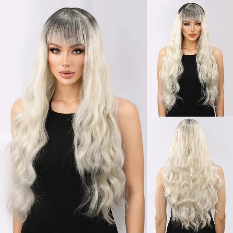European American style women's wig with highlighted brown bangs, large wavy long curly hair, fluffy and realistic synthetic
European American style women's wig with highlighted brown bangs, large wavy long curly hair, fluffy and realistic synthetic