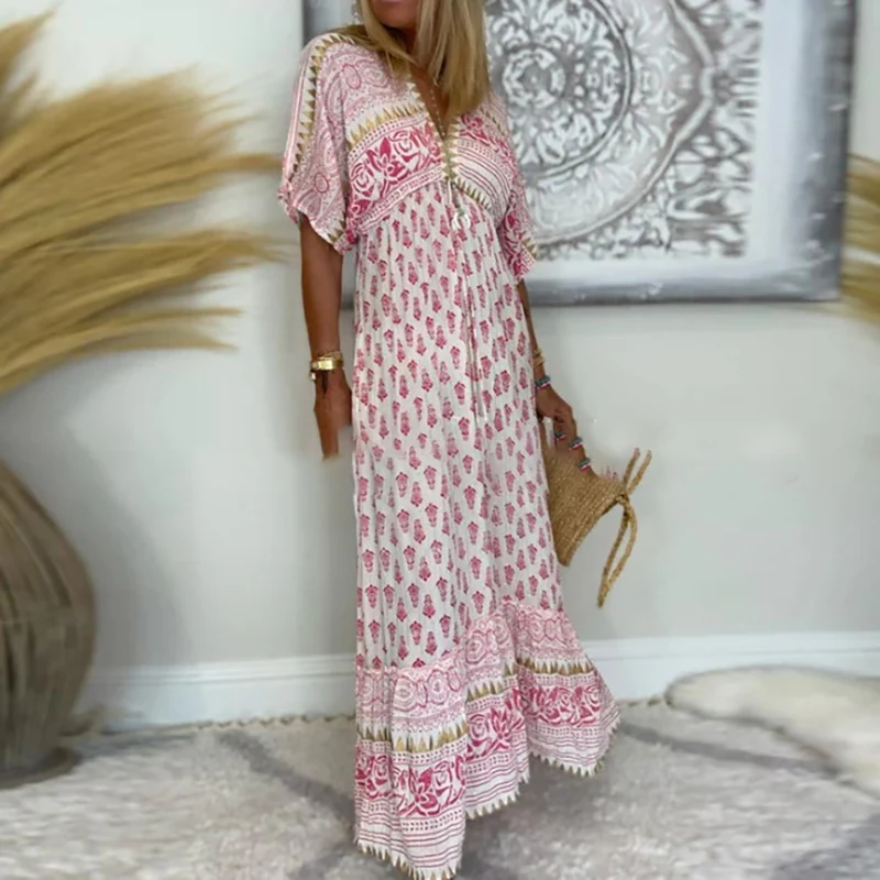 Bohemian Floral Print High Waisted Dress Ladies Sexy V Neck Short Sleeved Holiday Dress Casual Pleated Loose Long Dress Vestidos
Bohemian Floral Print High Waisted Dress Ladies Sexy V Neck Short Sleeved Holiday Dress Casual Pleated Loose Long Dress Vestidos