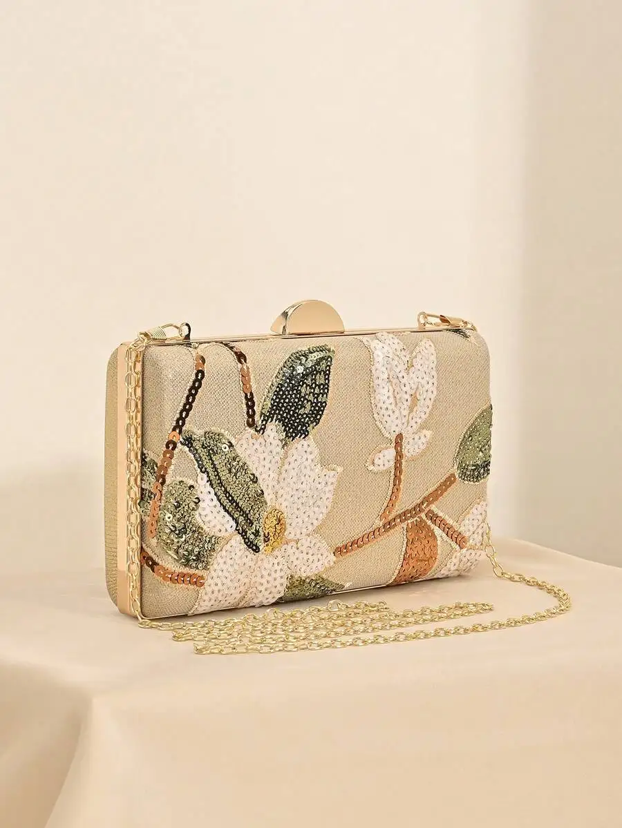 Elegant Sequin Embroidered Clutch Bag With Floral Pattern And Chain Strap For Evening Formal Events
Elegant Sequin Embroidered Clutch Bag With Floral Pattern And Chain Strap For Evening Formal Events