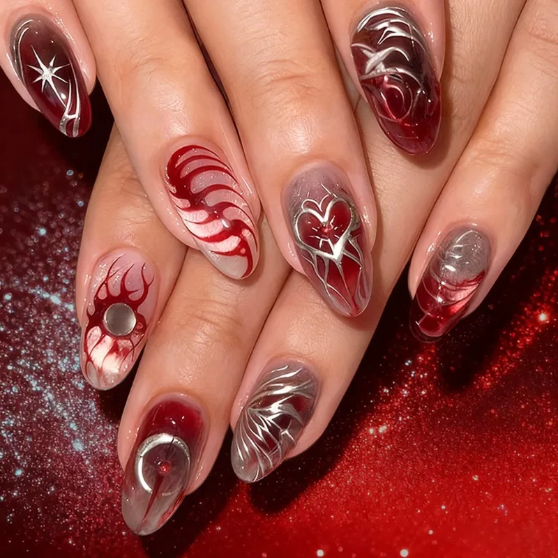 24PCS False Nails Dark Red Silver Starry Sky Press on Nails Gilt High End Romantic European American Style Fake Nails Removable
24PCS False Nails Dark Red Silver Starry Sky Press on Nails Gilt High End Romantic European American Style Fake Nails Removable