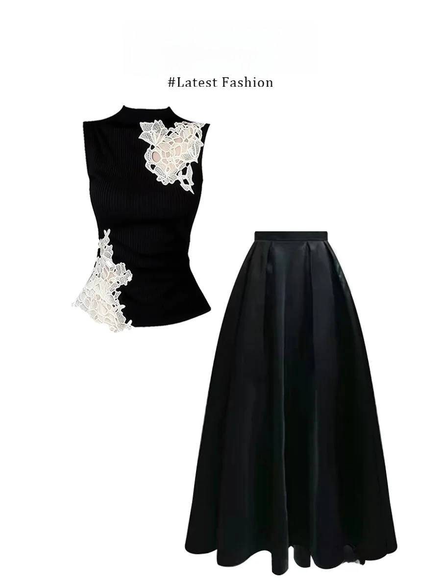 Parkyeon2026 Black Lace Splicing Sleeveless Vest Top High Waist Skirt Women's Set Casual Loose Fit Summer Fashion
Parkyeon2026 Black Lace Splicing Sleeveless Vest Top High Waist Skirt Women's Set Casual Loose Fit Summer Fashion