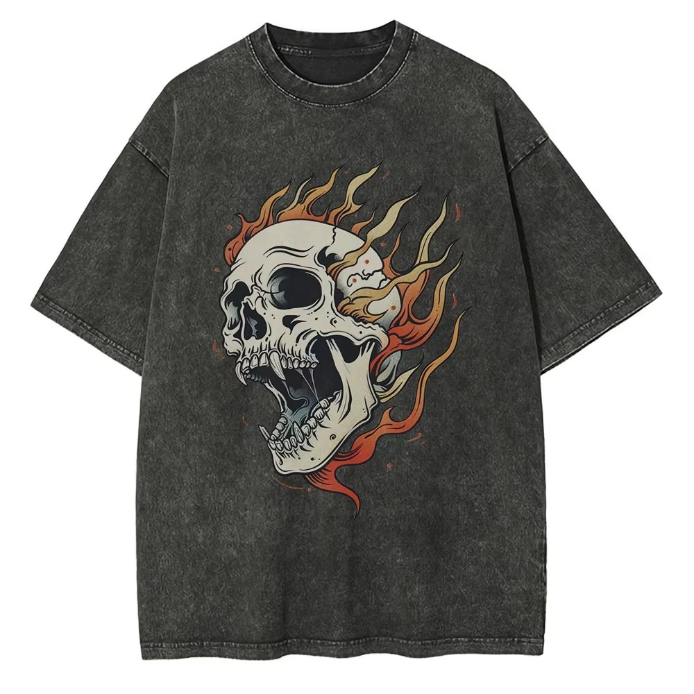 Summer Flame Skull Graphic T Shirts Heavyweight Pure Cotton Distressed Washed T Shirt Drop Shoulder Retro Oversized Men's Tops
Summer Flame Skull Graphic T Shirts Heavyweight Pure Cotton Distressed Washed T Shirt Drop Shoulder Retro Oversized Men's Tops