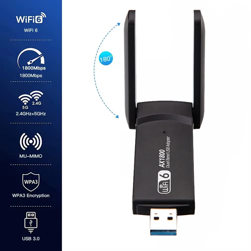 WiFi 6 AX1800 USB 3.0 Adapter Dual Band 2.4G/5Ghz USB Receiver Dongle Network Card Antenna Wireless For PC Laptop Win 10 11
WiFi 6 AX1800 USB 3.0 Adapter Dual Band 2.4G/5Ghz USB Receiver Dongle Network Card Antenna Wireless For PC Laptop Win 10 11