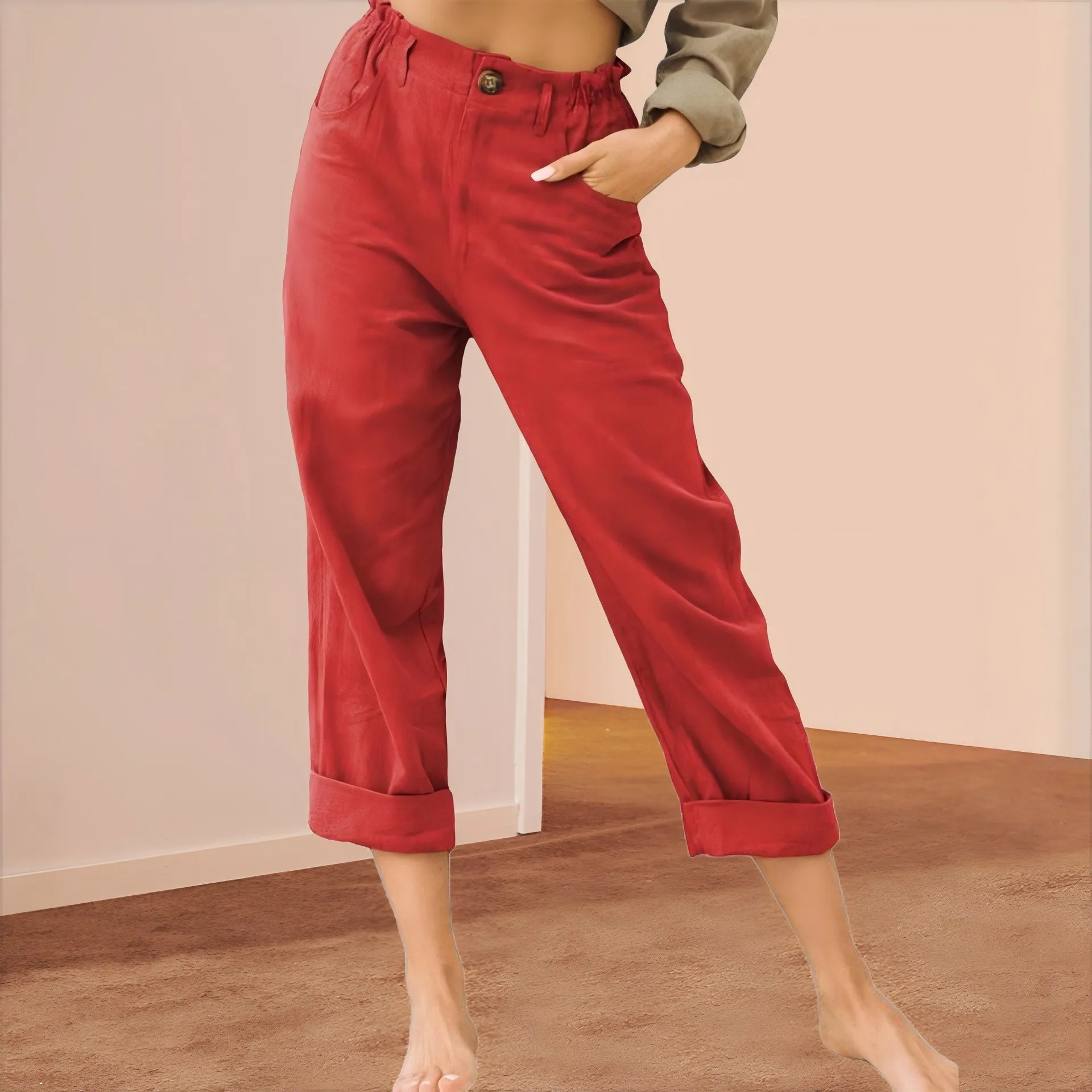 Summer Women's Pants Cotton Linen Straight Leg High Waist Trousers Rolled Cuff Solid Color Casual Pants Red Yellow Long Pants
Summer Women's Pants Cotton Linen Straight Leg High Waist Trousers Rolled Cuff Solid Color Casual Pants Red Yellow Long Pants