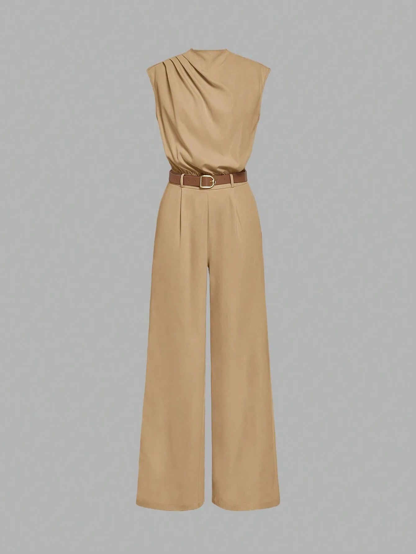 New women's elegant khaki sleeveless jumpsuit, stand-up collar, pleated high-waisted wide-leg pants, with belt.
New women's elegant khaki sleeveless jumpsuit, stand-up collar, pleated high-waisted wide-leg pants, with belt.