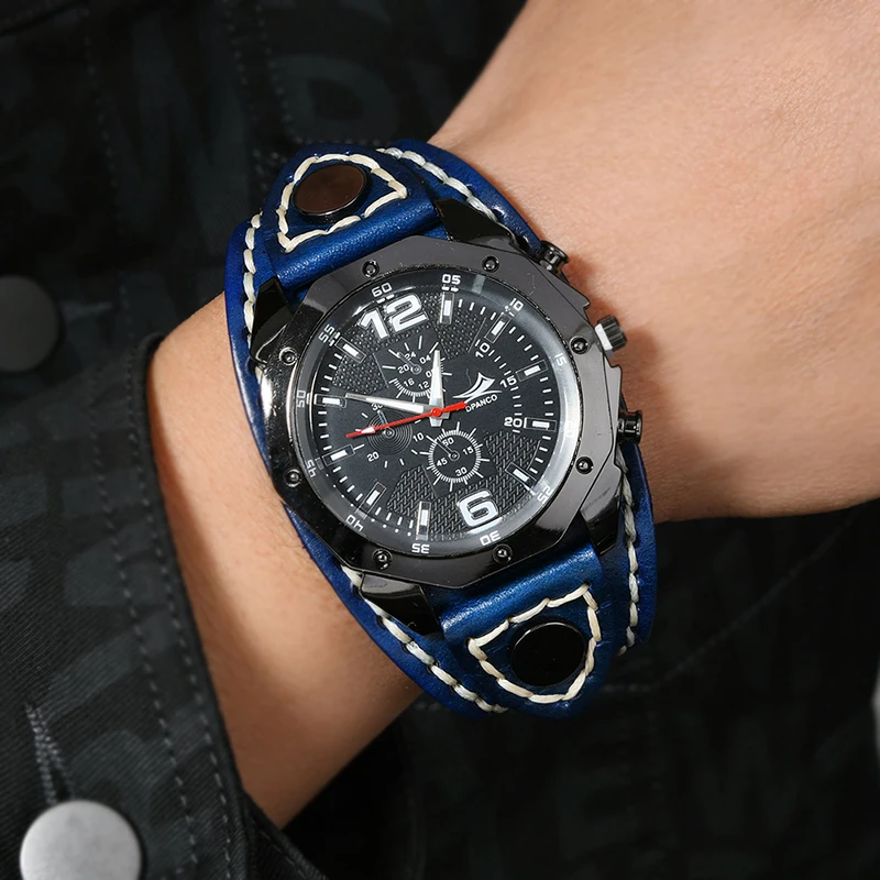 Винтажные мужские кварцевые часы из натуральной кожи — креативный широкий ремешок ручной работы с большим циферблатом
Винтажные мужские кварцевые часы из натуральной кожи — креативный широкий ремешок ручной работы с большим циферблатом