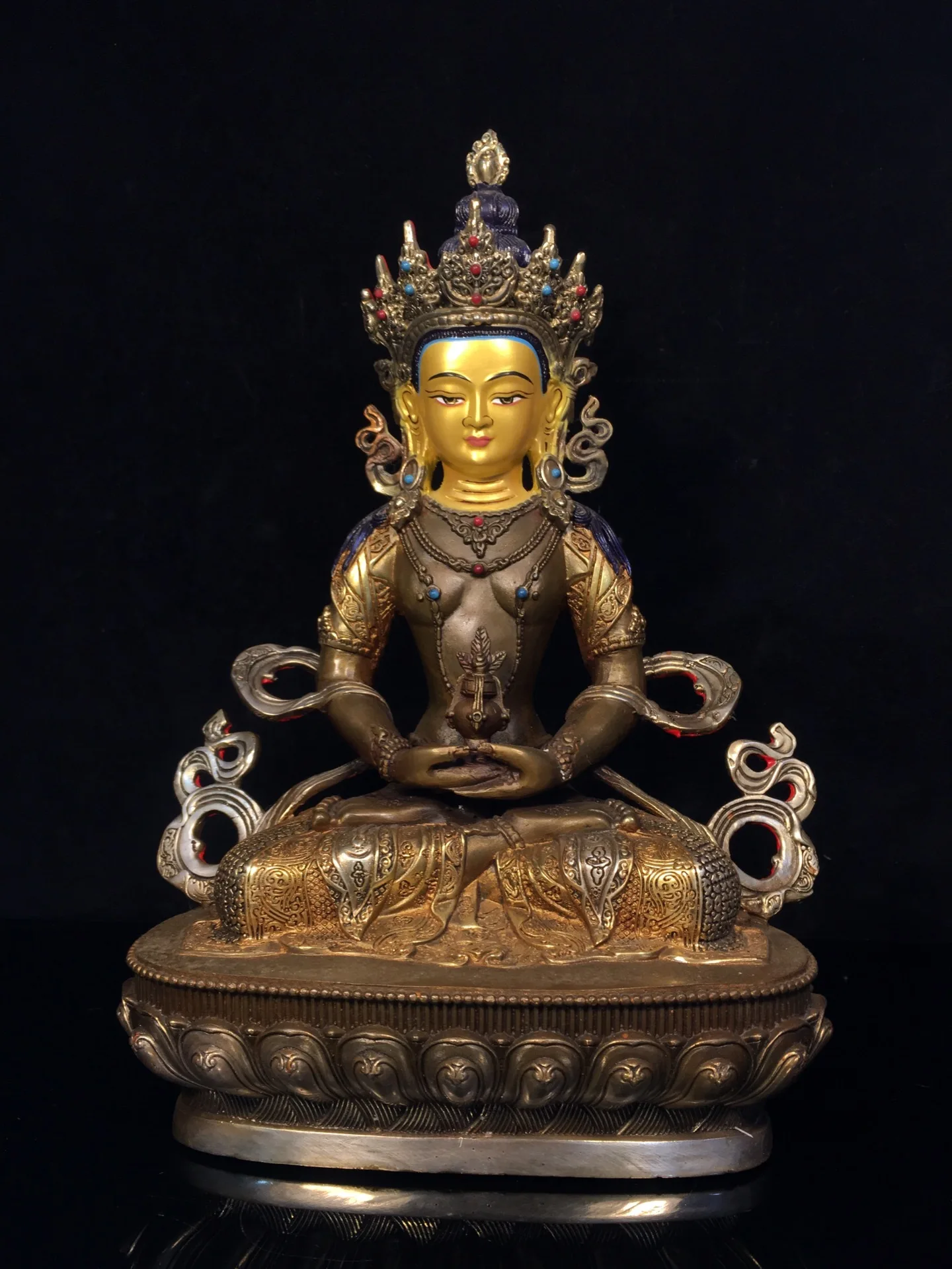12"Tibetan Temple Collection Old Bronze Gilded Silver Cinnabar Face painting Longevity Sitting Buddha Worship Hall Town house
12"Tibetan Temple Collection Old Bronze Gilded Silver Cinnabar Face painting Longevity Sitting Buddha Worship Hall Town house