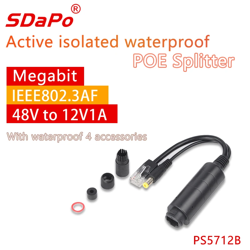 SDaPo 100Mbps Megabit Waterproof PoE Splitter 48V to 12V 1A Active 802.3af Standard PoE Spliter DC55x21mm FS5712
SDaPo 100Mbps Megabit Waterproof PoE Splitter 48V to 12V 1A Active 802.3af Standard PoE Spliter DC55x21mm FS5712