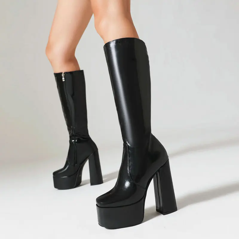 Womens Black Red Patent Leather Knee High Boots Platform Chunky Block Heel Side Zip Square Toe Booties Nightclub Dance Booties
Womens Black Red Patent Leather Knee High Boots Platform Chunky Block Heel Side Zip Square Toe Booties Nightclub Dance Booties