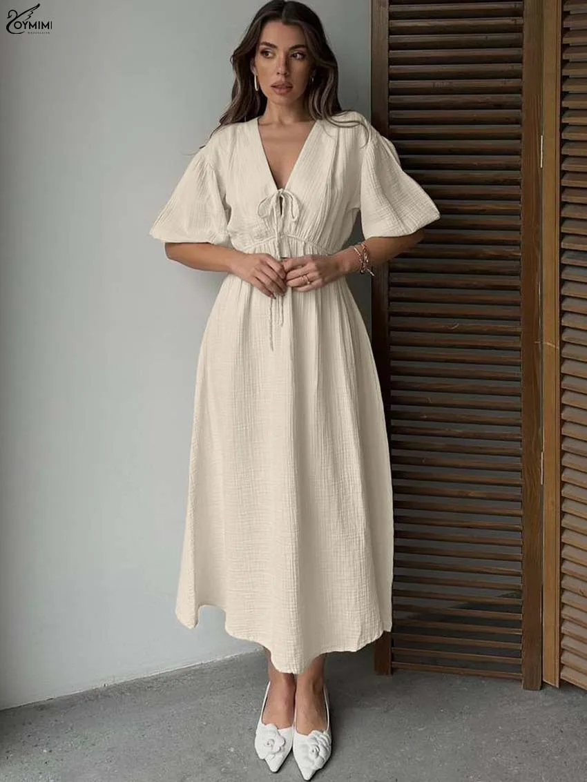 Oymimi Elegant Beige Cotton Women's Dress Autumn V-Neck Half Sleeve Lace-Up Dress Fashion High Waist Mid-Calf Dresses Streetwear
Oymimi Elegant Beige Cotton Women's Dress Autumn V-Neck Half Sleeve Lace-Up Dress Fashion High Waist Mid-Calf Dresses Streetwear