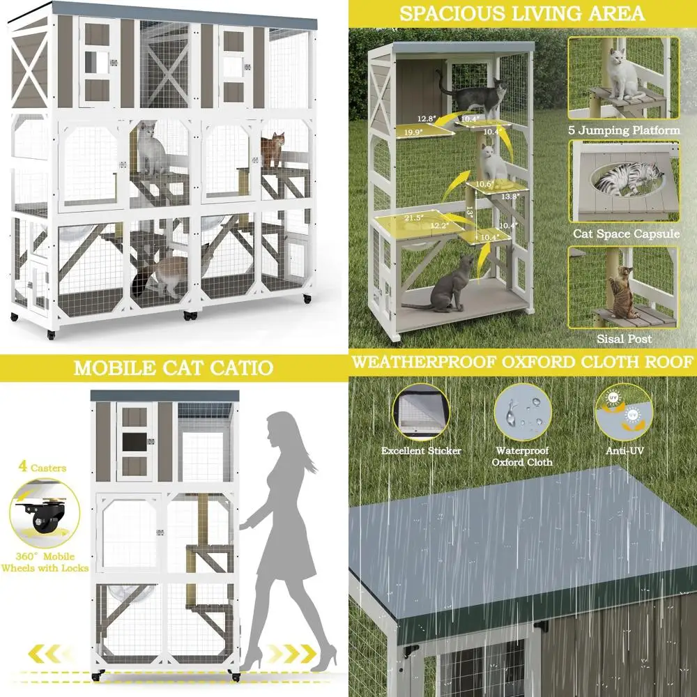 Outdoor Cat Enclosure with 10 Platforms, 2 Spaces, Weatherproof Cover & 8 Wheels, Grey
Outdoor Cat Enclosure with 10 Platforms, 2 Spaces, Weatherproof Cover & 8 Wheels, Grey