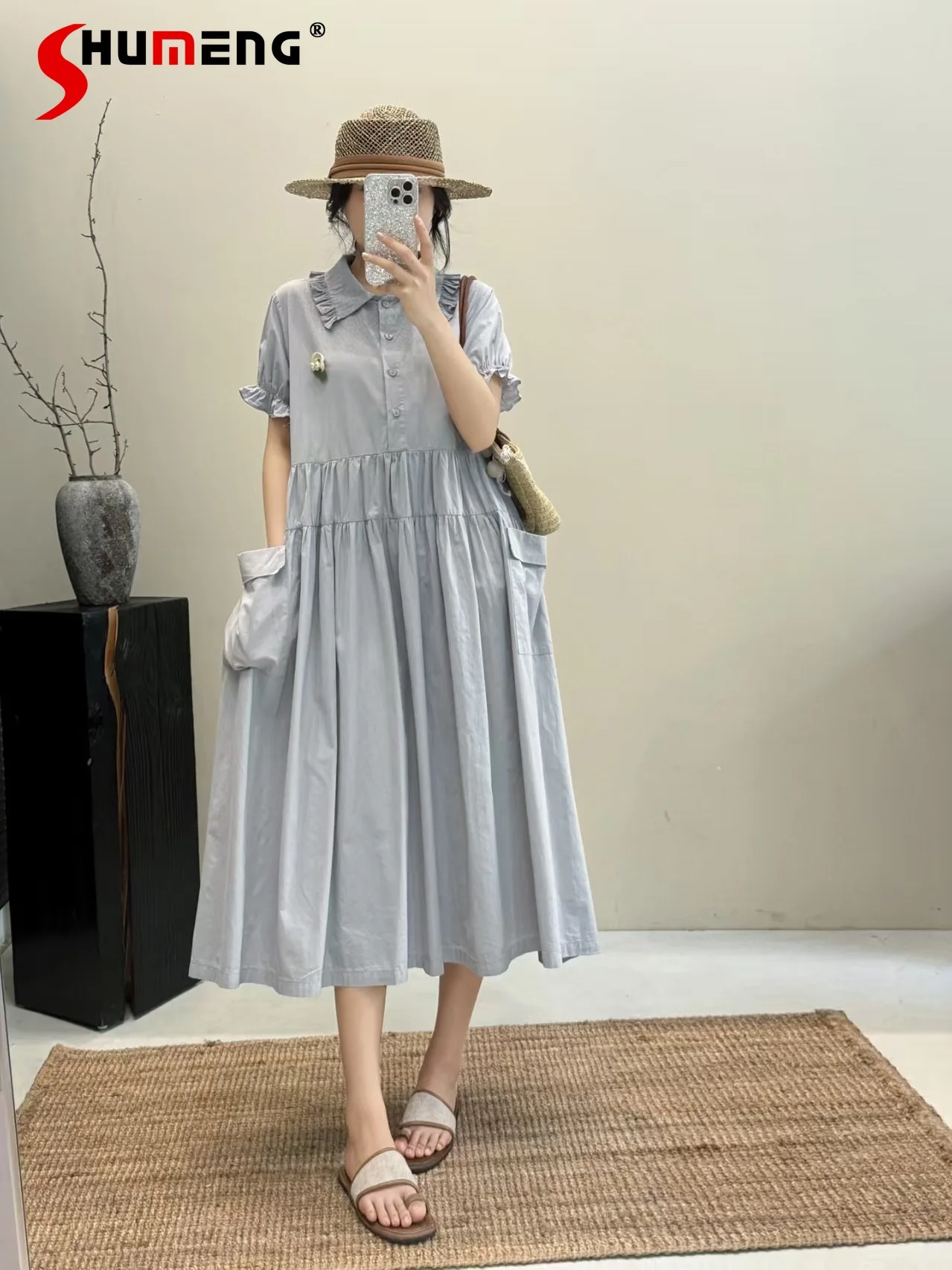 Japanese Sweet Elegant Mori Girl Style Doll Collar Bubble Sleeve Single-breasted Pockets Loose Simple Casual Long Dress Women
Japanese Sweet Elegant Mori Girl Style Doll Collar Bubble Sleeve Single-breasted Pockets Loose Simple Casual Long Dress Women