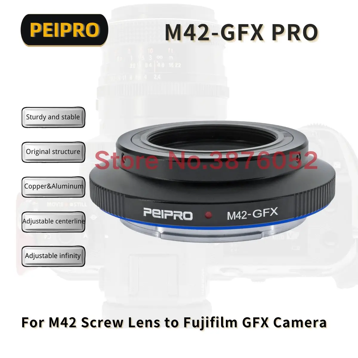Адаптер объектива PEIPRO M42-GFX для объектива с креплением M42 для широкоформатной камеры Fujifilm GFX с креплением GFX100S GFX100II GFX100SII GFX50R
Адаптер объектива PEIPRO M42-GFX для объектива с креплением M42 для широкоформатной камеры Fujifilm GFX с креплением GFX100S GFX100II GFX100SII GFX50R