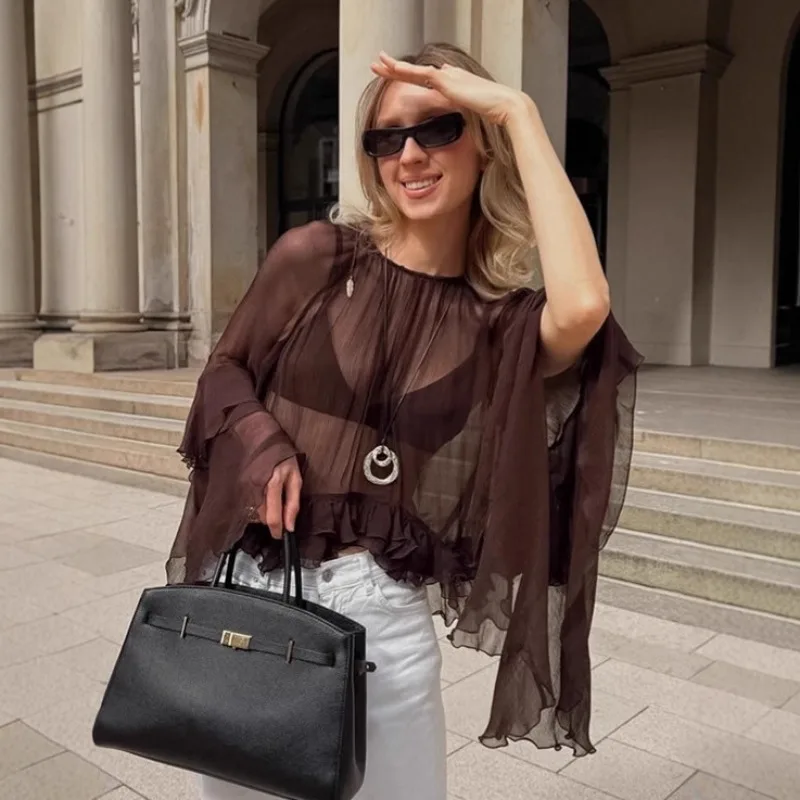 2026 Spring Sheer Chiffon Blouse Women Loose Fit Brown Flared Sleeve Round Neck Victorian Top French Style Boho Layering Piece
2026 Spring Sheer Chiffon Blouse Women Loose Fit Brown Flared Sleeve Round Neck Victorian Top French Style Boho Layering Piece