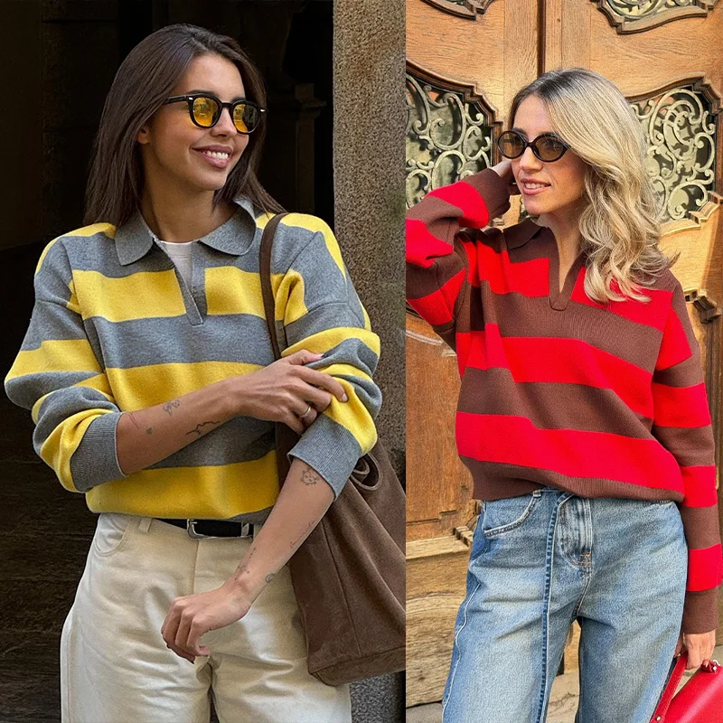 HH 2026 Women's Yellow Striped Knitted Pullover Polo Collar Long Sleeves Causal Versatile Cropped Sweater Chic Tops Red Sweater
HH 2026 Women's Yellow Striped Knitted Pullover Polo Collar Long Sleeves Causal Versatile Cropped Sweater Chic Tops Red Sweater