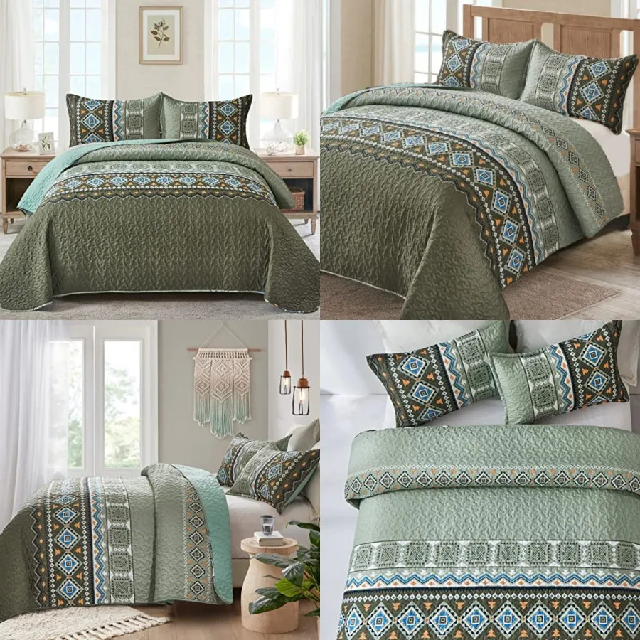 Boho Green Quilt Set Queen,3 Piece Olive Green Fall Bedspread Coverlet Set with Geometry Printed for All Season,Lightweight Morden Bohemian Bedding Set 96"×90"
Boho Green Quilt Set Queen,3 Piece Olive Green Fall Bedspread Coverlet Set with Geometry Printed for All Season,Lightweight Morden Bohemian Bedding Set 96"×90"