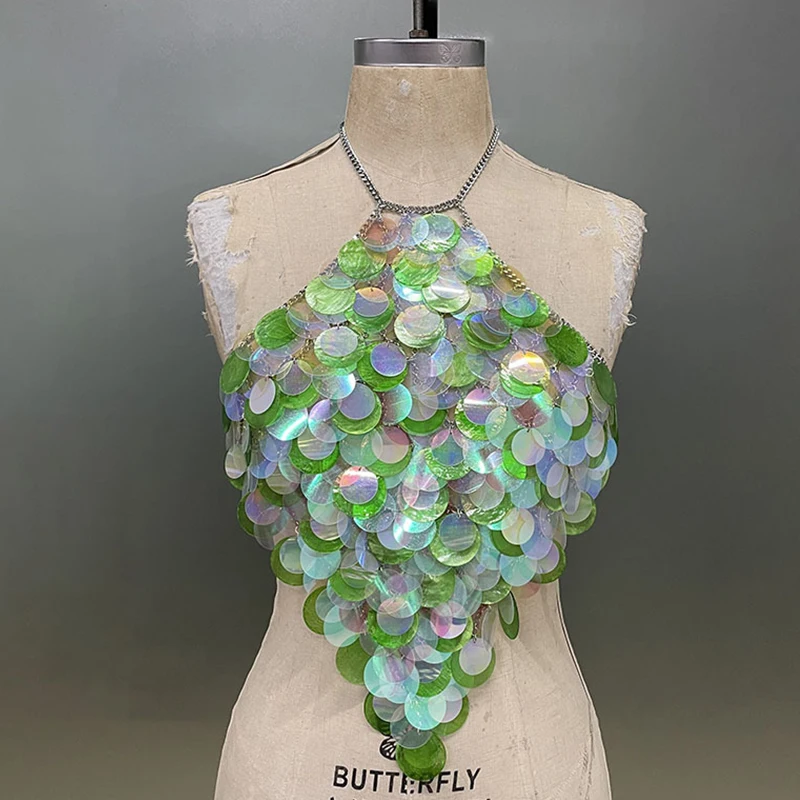 Sexy Backless Mother of Pearl Beaded Green Bralette Disc Body Chain Women Rave Festival Top Sequin Chainmail Halter Top
Sexy Backless Mother of Pearl Beaded Green Bralette Disc Body Chain Women Rave Festival Top Sequin Chainmail Halter Top