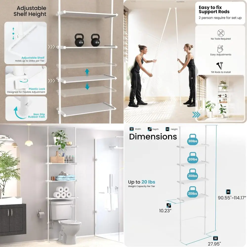 Over-the-Toilet Adjustable 4-Tier Storage Rack, Tension-Mounted, Fits 91-114 Ceilings, White
Over-the-Toilet Adjustable 4-Tier Storage Rack, Tension-Mounted, Fits 91-114 Ceilings, White