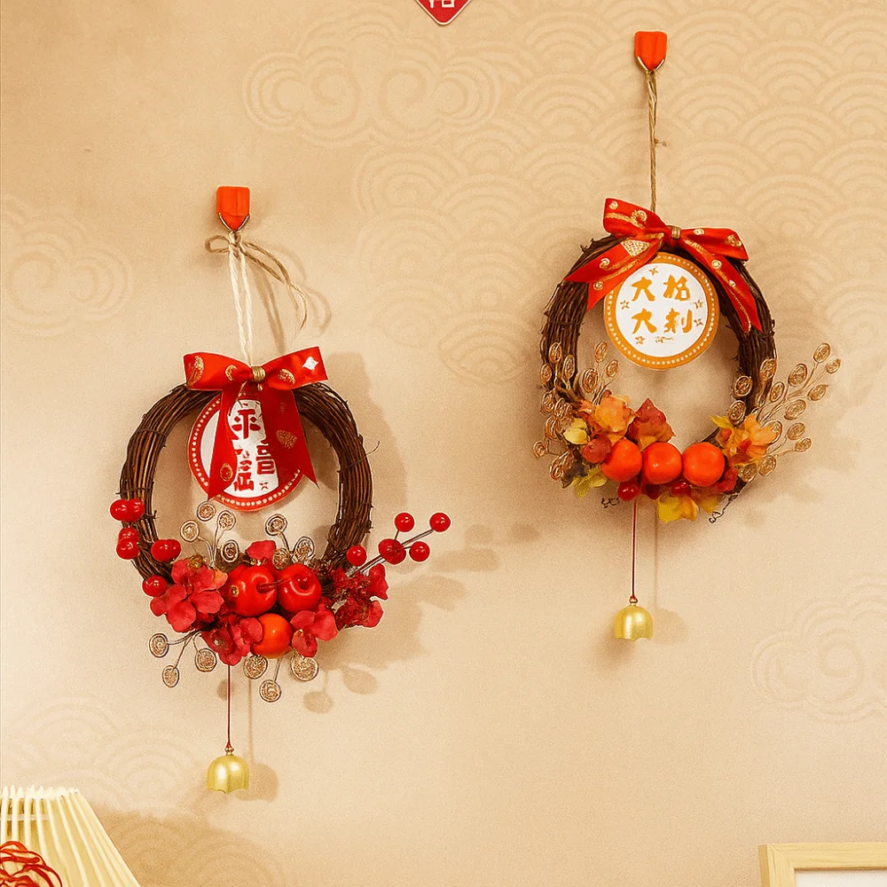 Traditional Chinese New Year Wreath Exquisite Decorative Hanging Wreath Rattan with Bell Artificial Floral Wreath Porch
Traditional Chinese New Year Wreath Exquisite Decorative Hanging Wreath Rattan with Bell Artificial Floral Wreath Porch