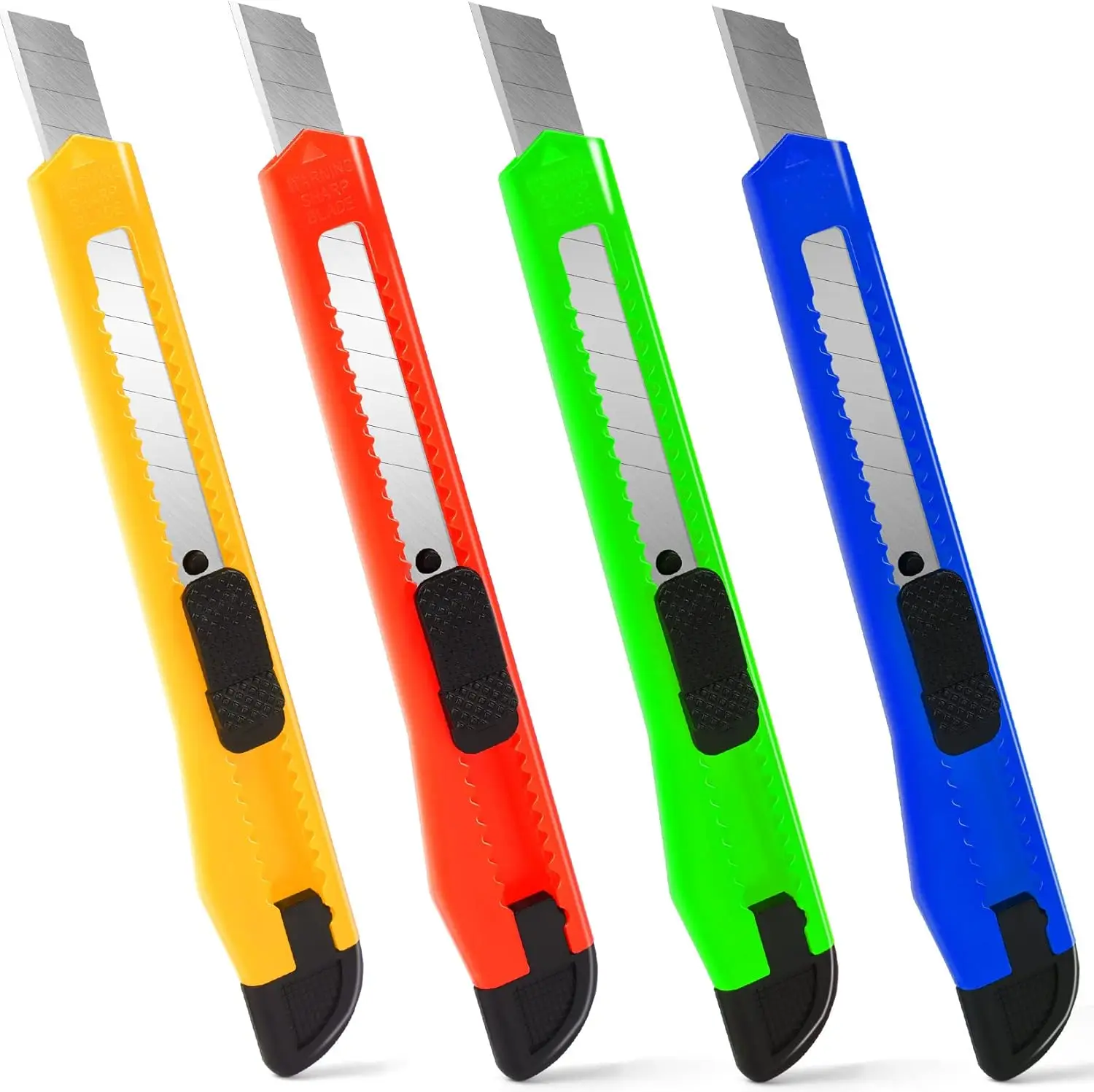 4 Pack Box Cutter, 9mm Snap-off Utility Knife, Box Cutter Retractable for Opening Packages Cartons, Box Opener, Disposable Razor
4 Pack Box Cutter, 9mm Snap-off Utility Knife, Box Cutter Retractable for Opening Packages Cartons, Box Opener, Disposable Razor