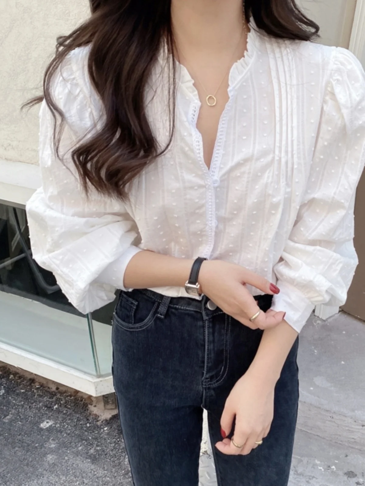 Ele White Long Sve Women's irt Korean Sle Bubble Sve Aosphere Top Sweet Lace Trim Commute Faion Straight Cut
Ele White Long Sve Women's irt Korean Sle Bubble Sve Aosphere Top Sweet Lace Trim Commute Faion Straight Cut