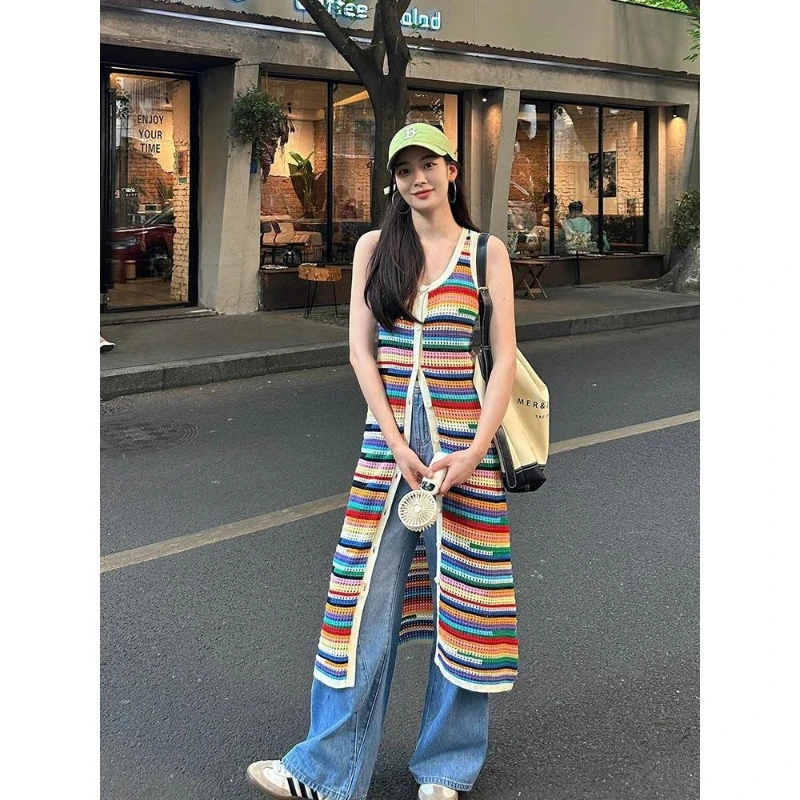 Korean Rainbow Striped Sleeveless Strap Dress Women's 2025 Summer Knitted Long Dress
Korean Rainbow Striped Sleeveless Strap Dress Women's 2025 Summer Knitted Long Dress
