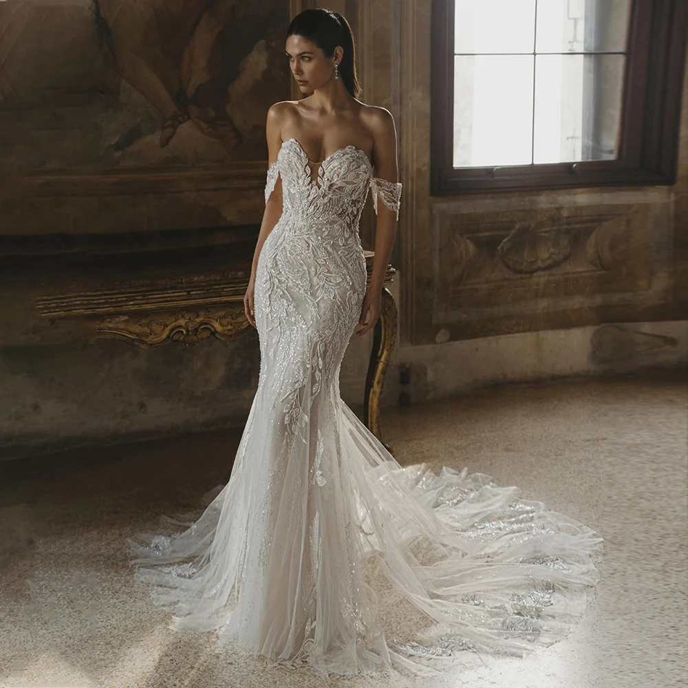 Trumpet Sheath Wedding Dresses For Bride Lace Appliques Sequins Floral Sweetheart Off The Shoulder Sweep Train Custom Made
Trumpet Sheath Wedding Dresses For Bride Lace Appliques Sequins Floral Sweetheart Off The Shoulder Sweep Train Custom Made
