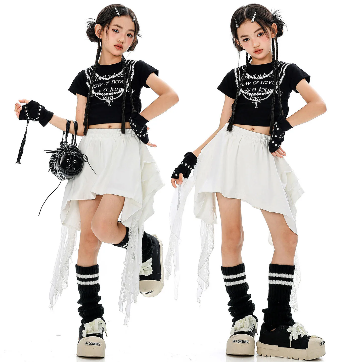 Kid Kpop Hip Hop Clothing Black Side Ruched Crop T Shirt Top White Lace Hem Mini Skirt for Girl Jazz Dance Wear Costumes Clothes
Kid Kpop Hip Hop Clothing Black Side Ruched Crop T Shirt Top White Lace Hem Mini Skirt for Girl Jazz Dance Wear Costumes Clothes
